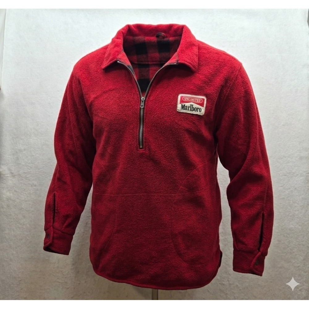Marlboro Vintage Reversible Red Heavy Fleece 1/4 Zip Pullover Jacket. Size XL